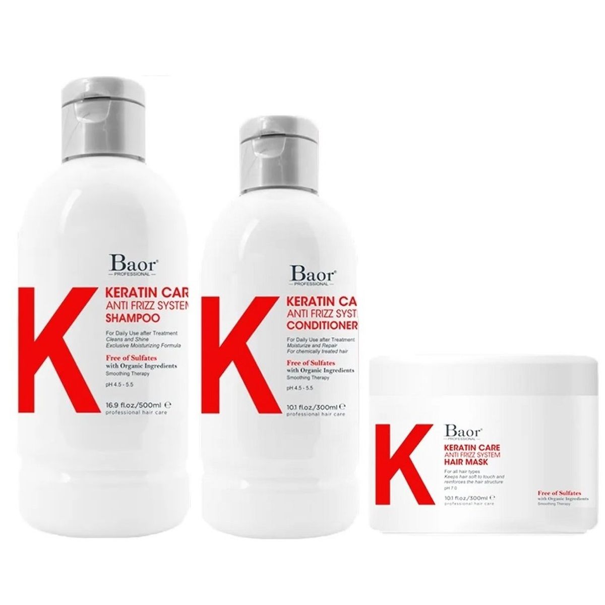 BAOR PROFESSIONAL - Shampoo Anti Frizz + Acondicionador + Mascarilla Baor K Keratin Care