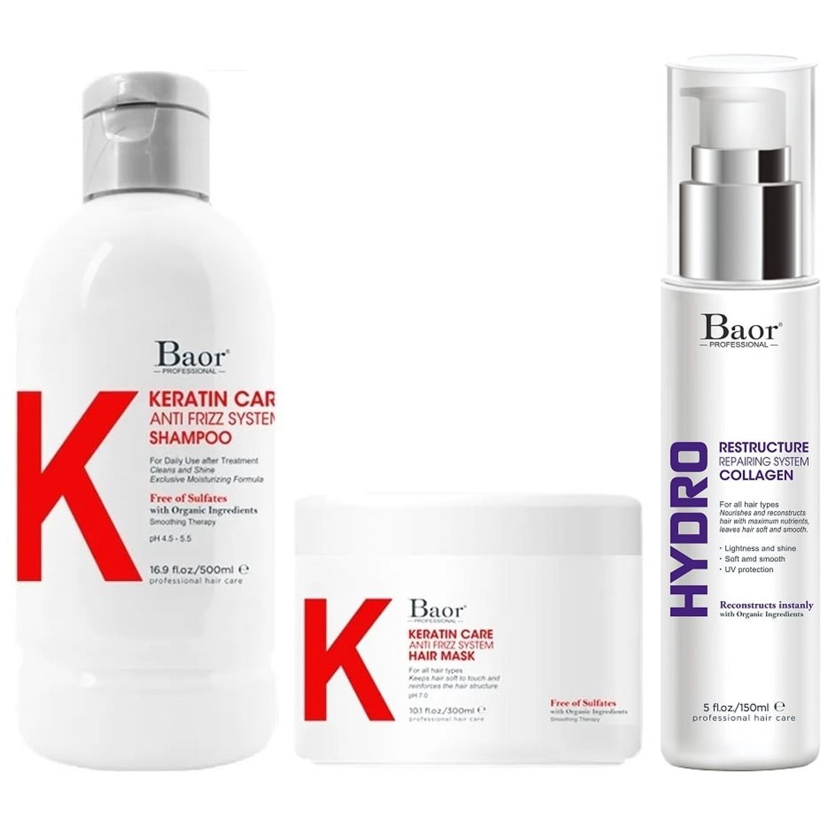 BAOR PROFESSIONAL - Shampoo Post Alisado + Mascarilla + Hydro Collagen Baor K Keratin Care