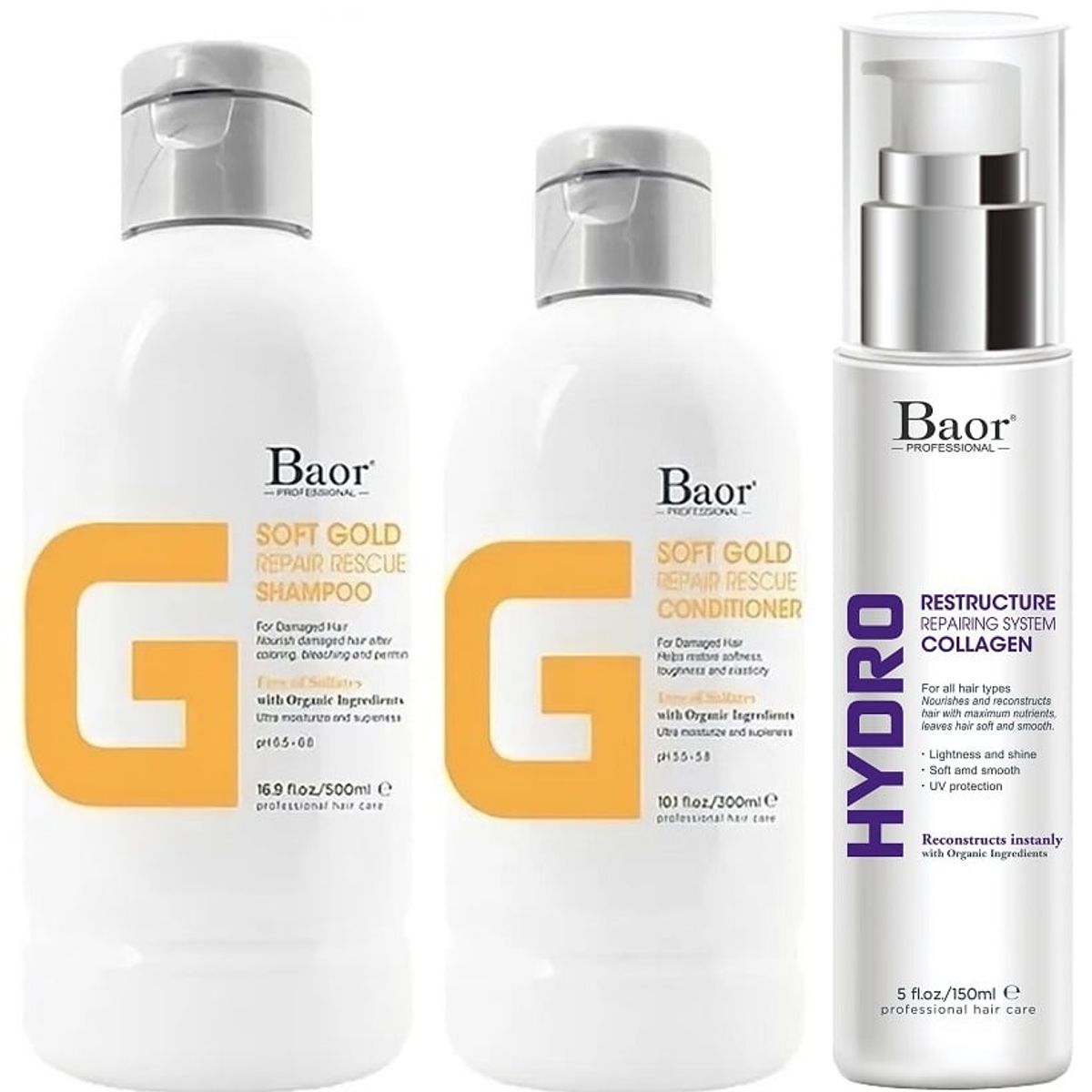BAOR PROFESSIONAL - Shampoo Reparador + Acondicionador + Hydro Collagen Baor G Soft Gold