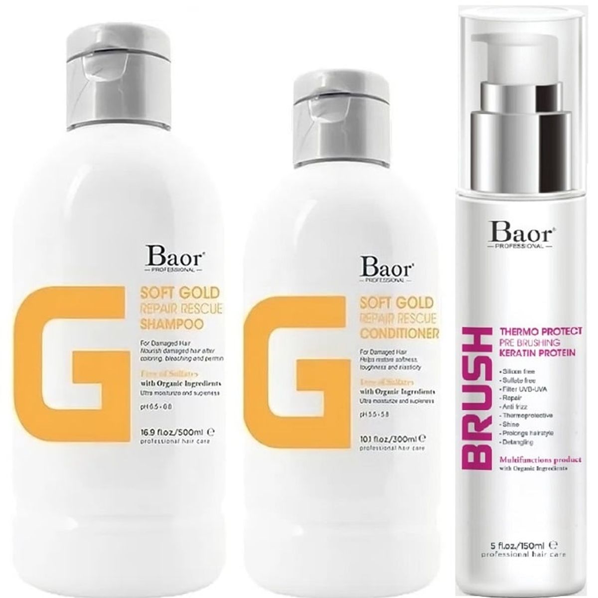 BAOR PROFESSIONAL - Shampoo Reparador + Acondicionador + Brush Baor G Soft Gold