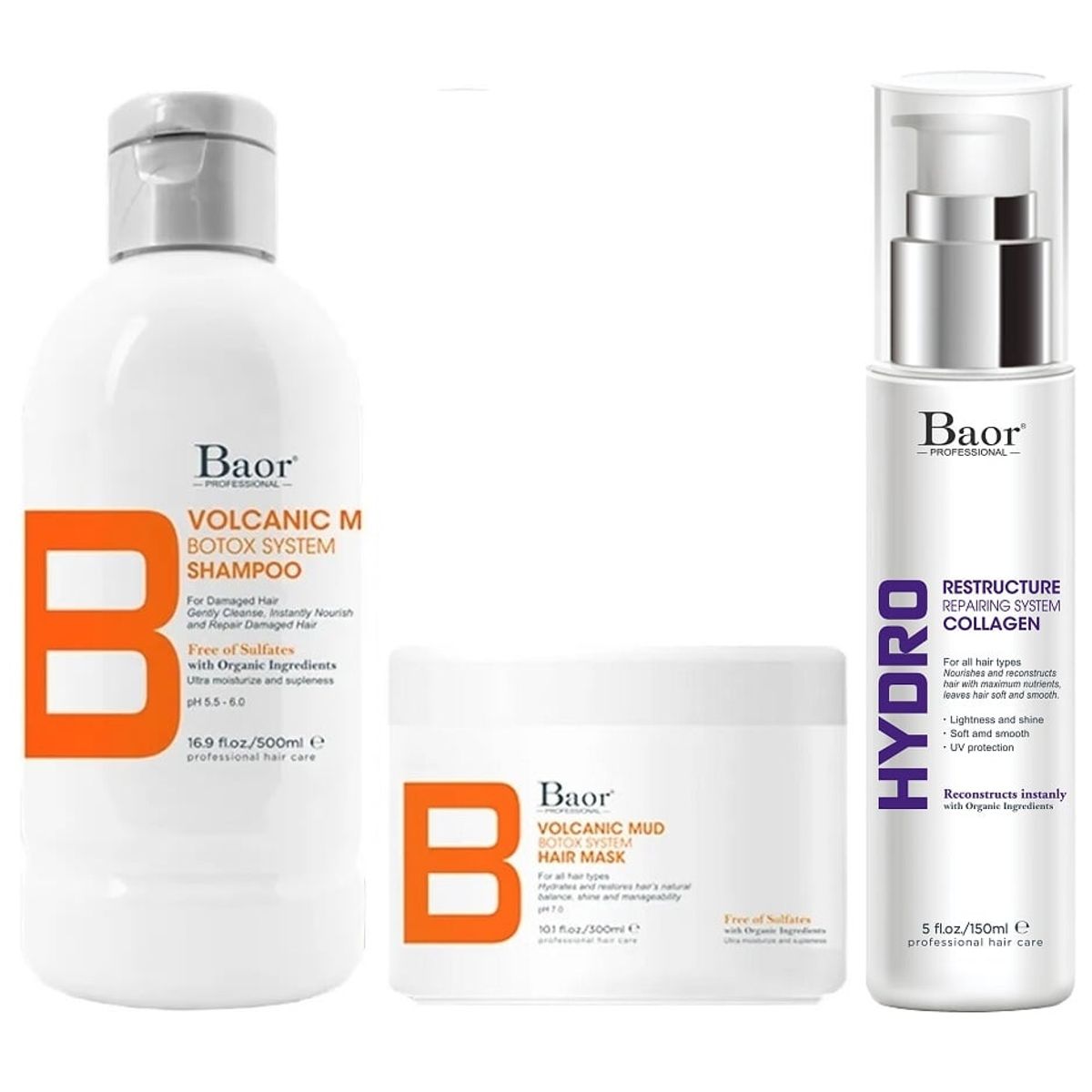 BAOR PROFESSIONAL - Shampoo Hidratante Post Botox + Mascarilla + Hydro Baor B Volcanic Mud