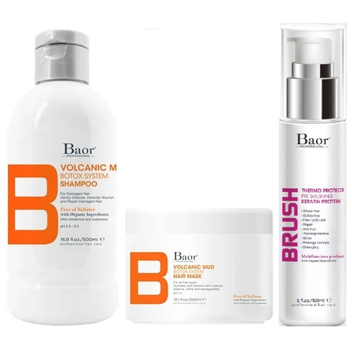 BAOR PROFESSIONAL - Shampoo Hidratante Post Botox + Mascarilla + Brush Baor B Volcanic Mud