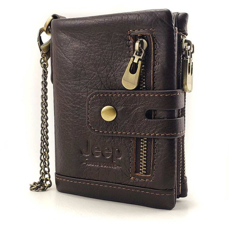 JEEP - Billetera cuero genuino marrón con cadena dorada jeep- hombres