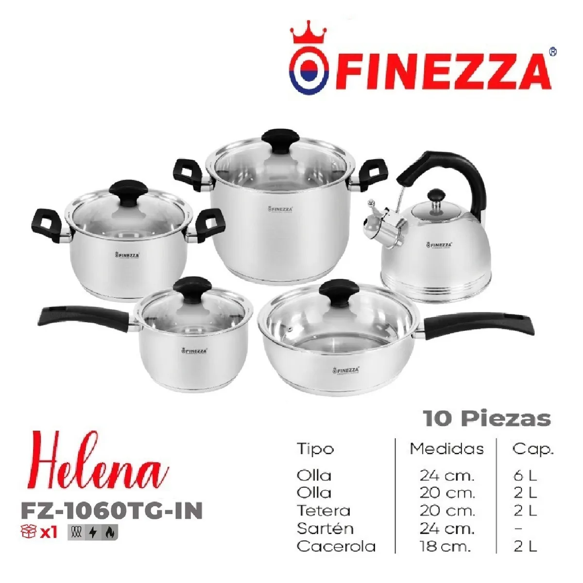 FINEZZA - Set Olla Acero Inoxidable Finezza 10 piezas  FZ-1060TG-IN