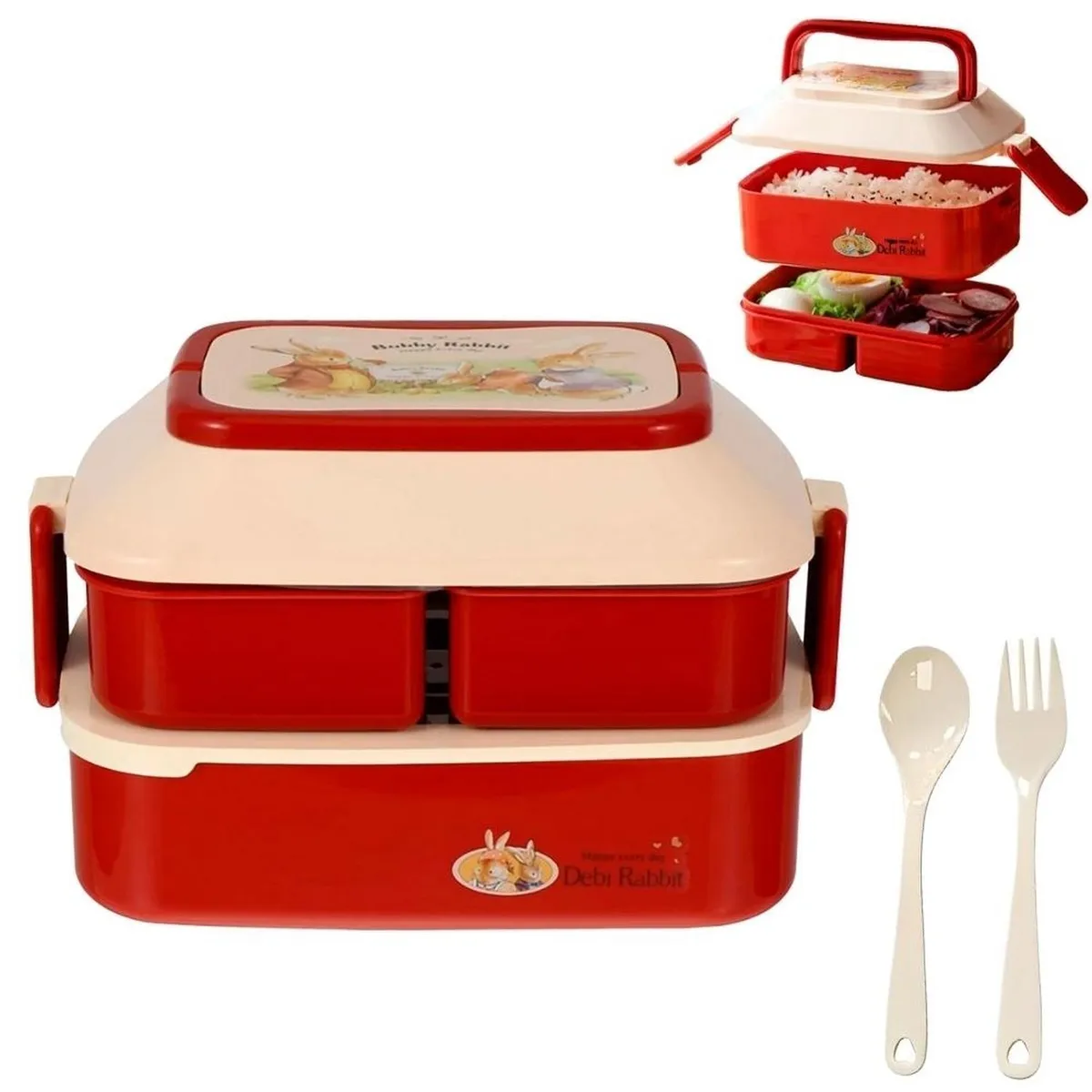 MINARI - Táper Lonchera Bento 3 Divisiones y Cubiertos Rojo T181