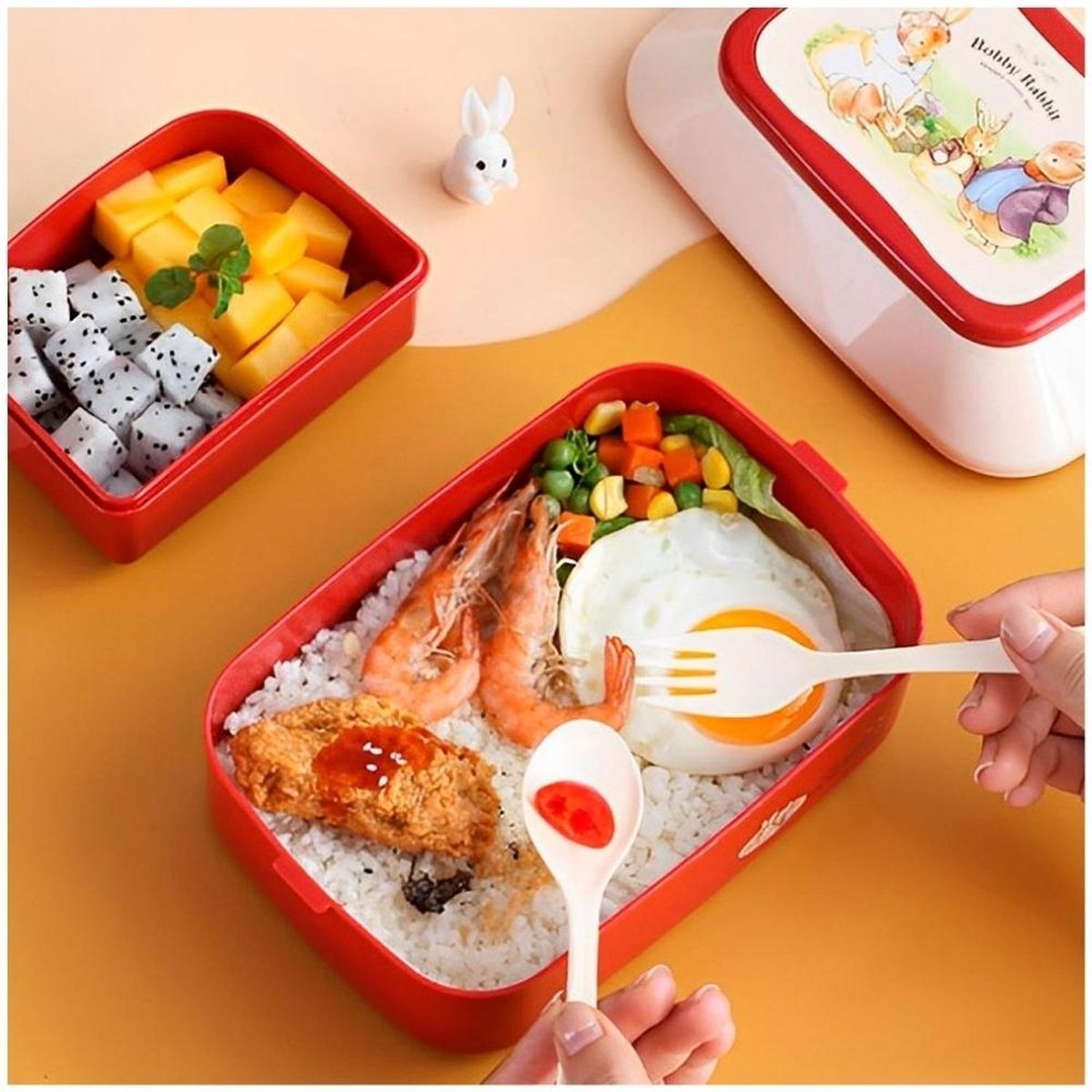 MINARI - Táper Lonchera Bento 3 Divisiones y Cubiertos Rojo T181