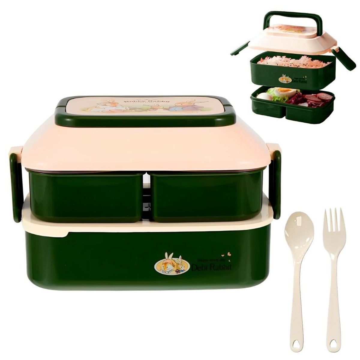 MINARI - Táper Lonchera Bento 3 Divisiones y Cubiertos Verde T181