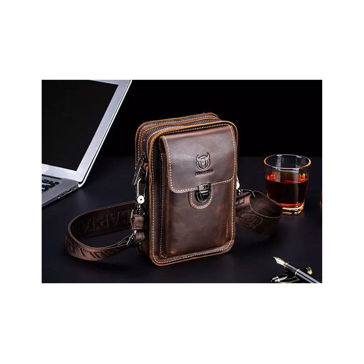 BULLCAPTAIN - Morral de cintura cuero genuino bullcaptain porta celular