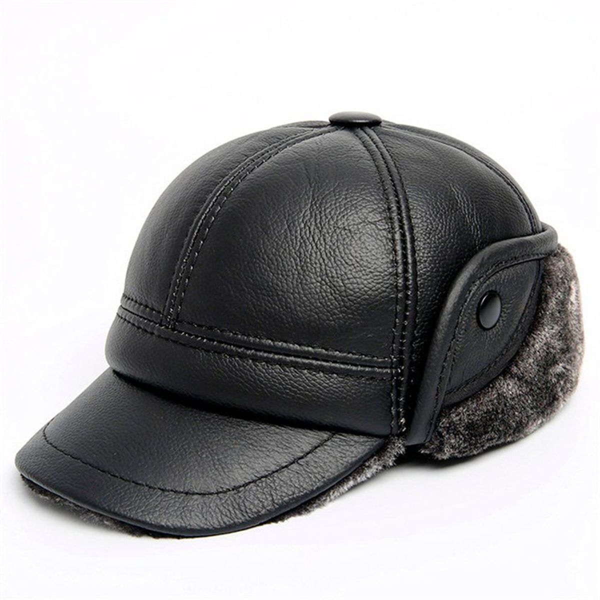 GENERICO - Gorra de cuero genuino afelpado invierno negro