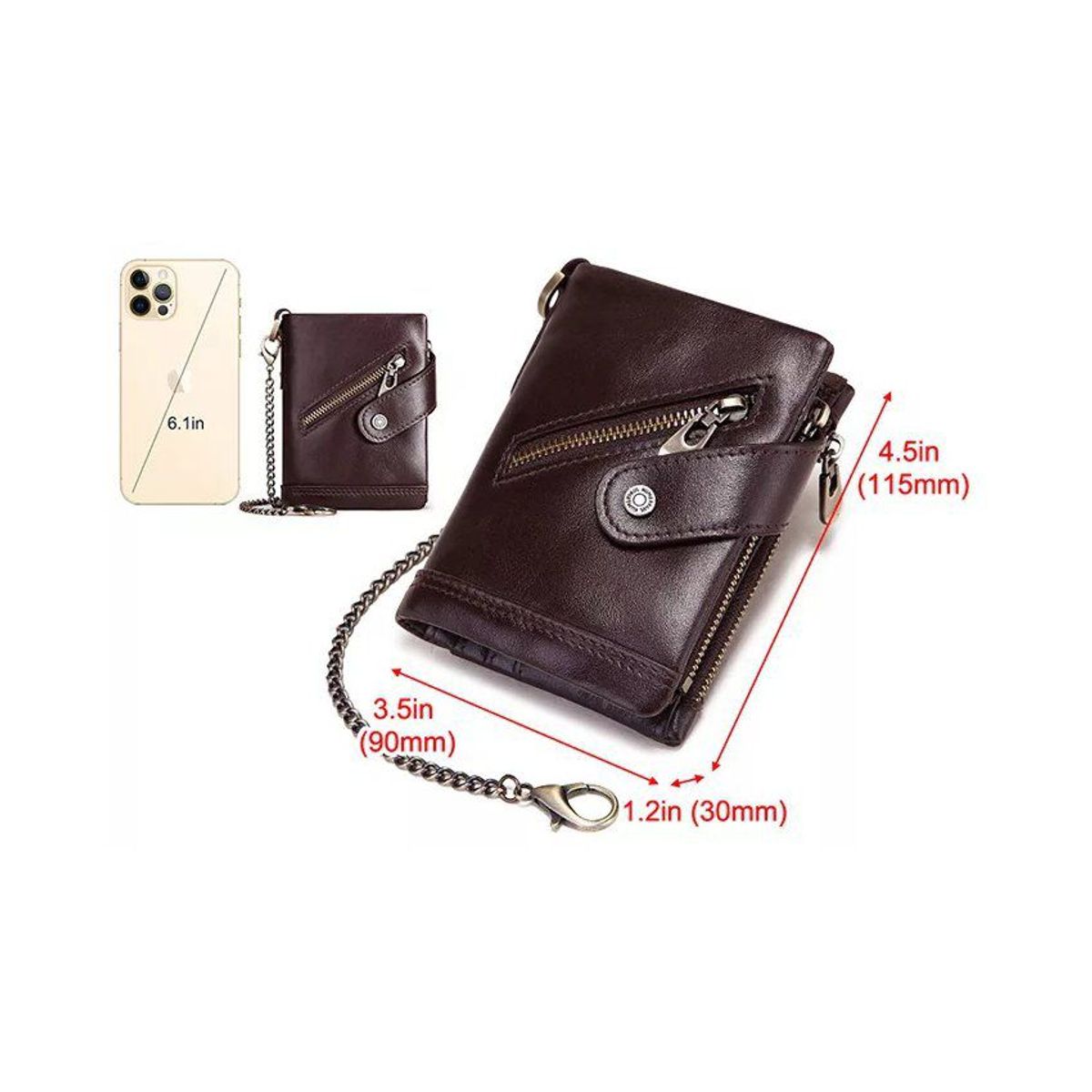 GENERICO - Billetera de cuero genuino marron diagonal con cadena dorada