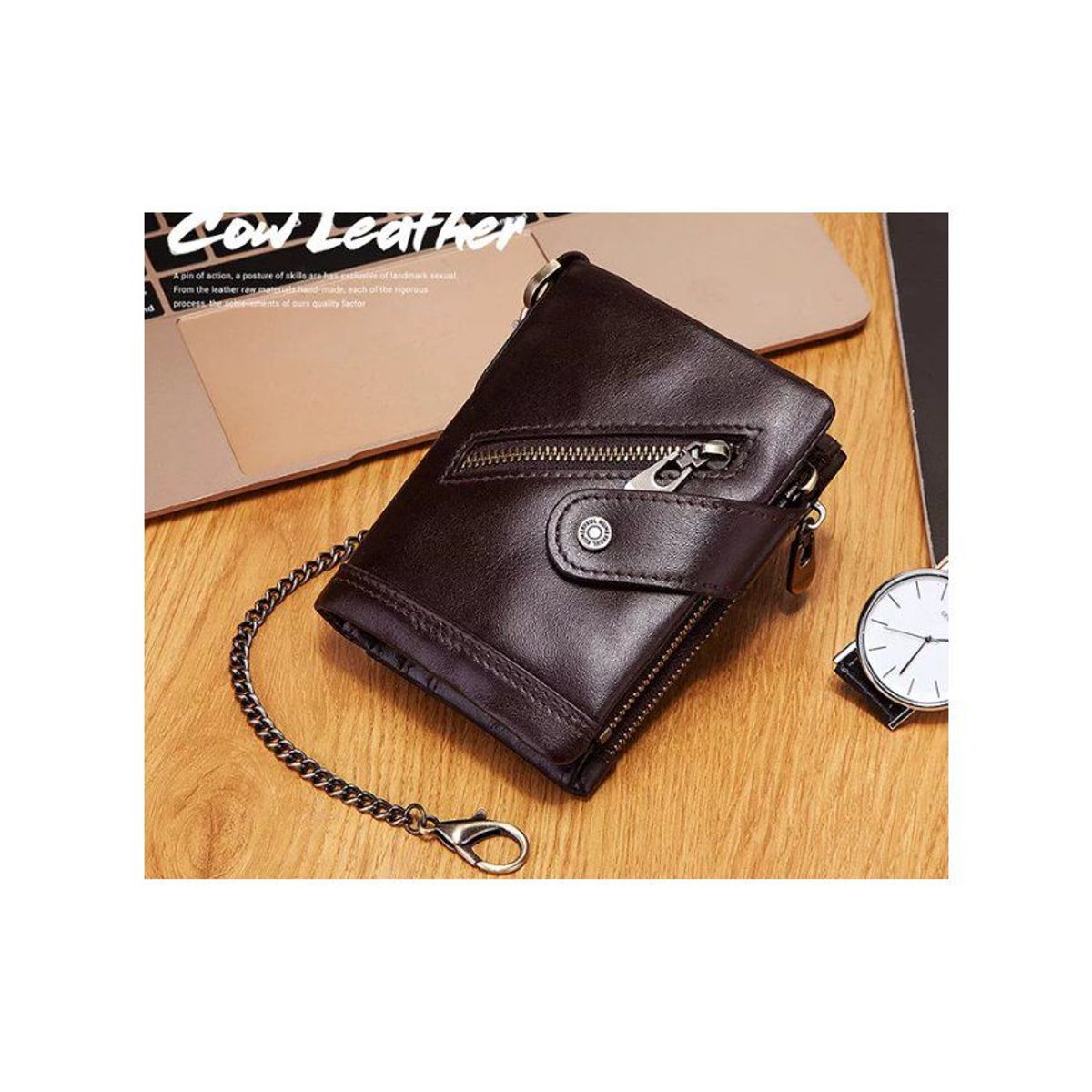 GENERICO - Billetera de cuero genuino marron diagonal con cadena dorada