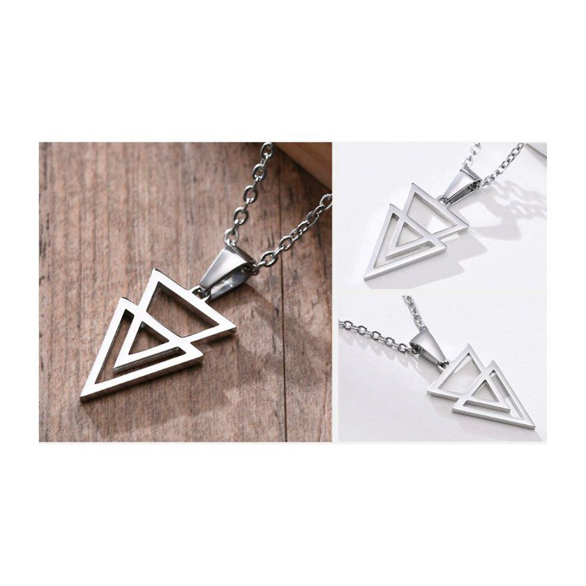 GENERICO - Collar cadena de acero inoxidable plateado triangulo doble
