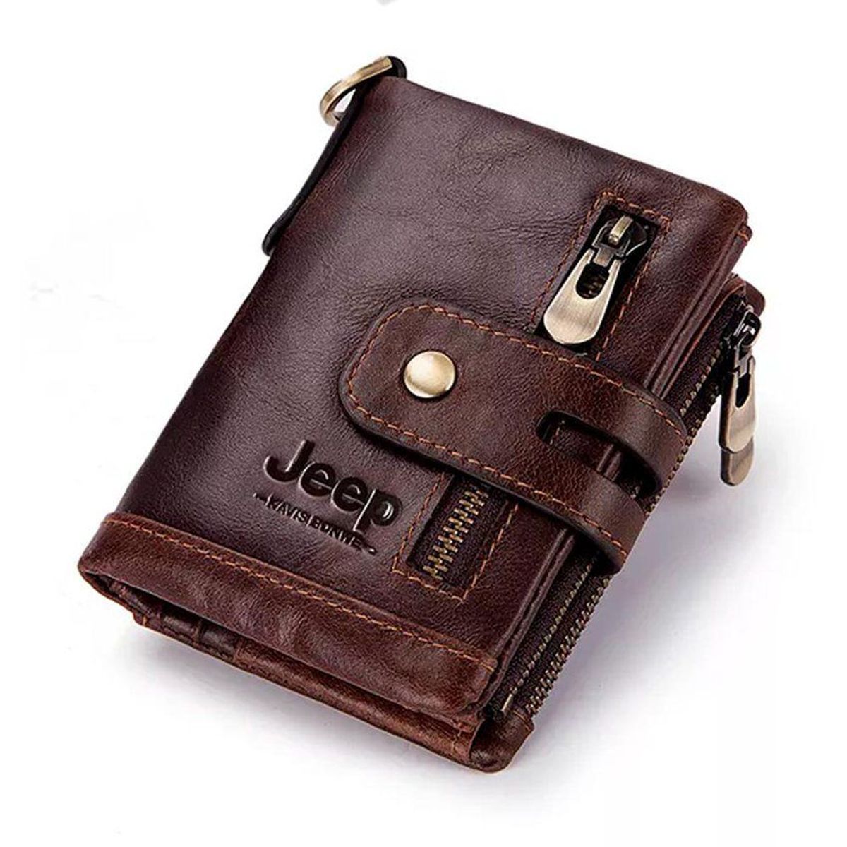 JEEP - Billetera cuero genuino marrón con cadena dorada jeep- hombres