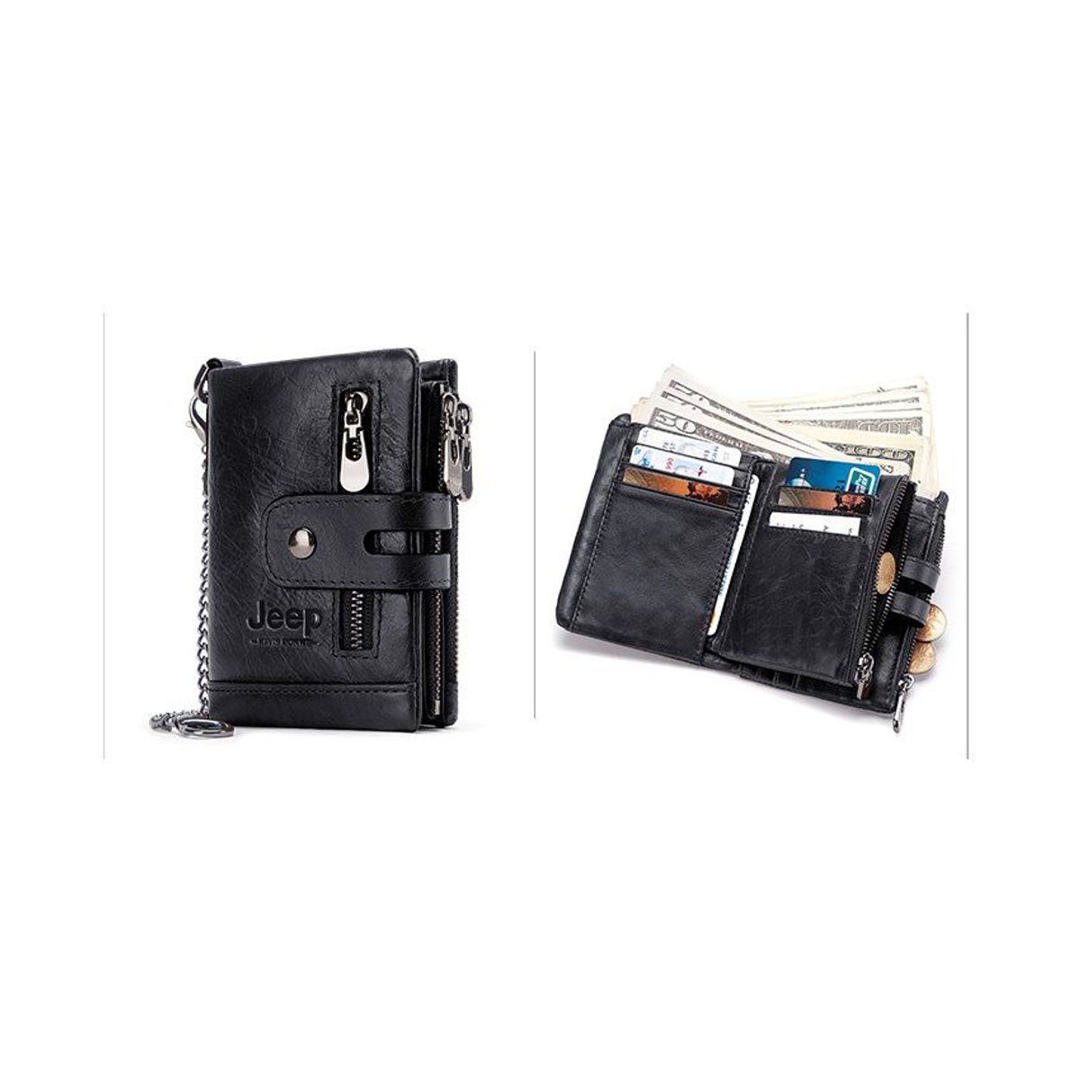 JEEP - Billetera cuero genuino negro con cadena plateada jeep- hombres