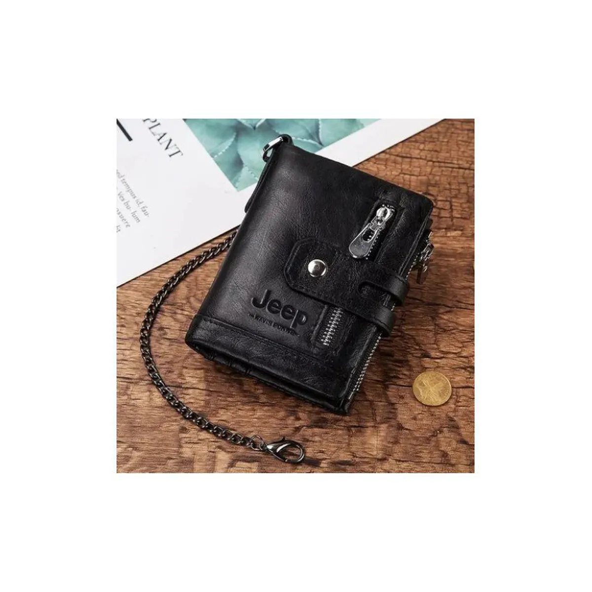 JEEP - Billetera cuero genuino negro con cadena plateada jeep- hombres