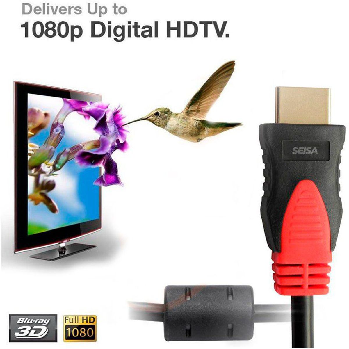 SEISA - Cable Hdmi Con Filtro 20 Metros HD 3D Enmallado Negro Con Rojo