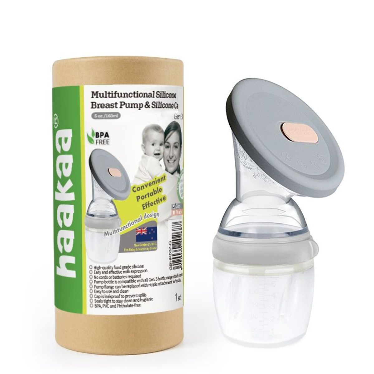 HAAKAA - Set de Extractor de leche de silicona Haakaa Gen3 multifuncional Gris - 160ml y Tapa de Silicona