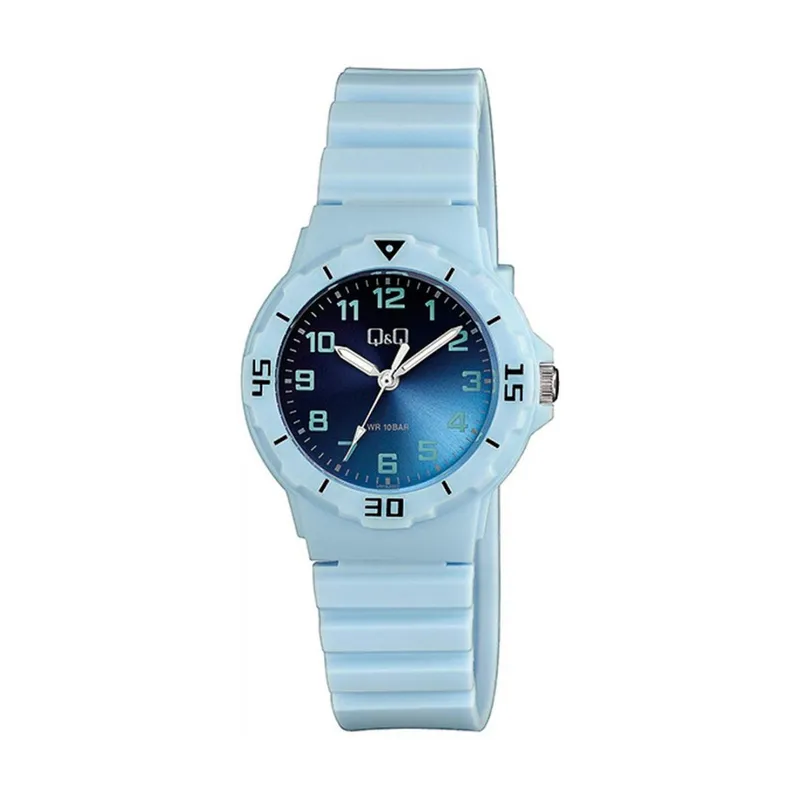 Q&Q - Reloj QQ para Mujer 10 BAR Acuático Diseño Celeste Fondo Azul