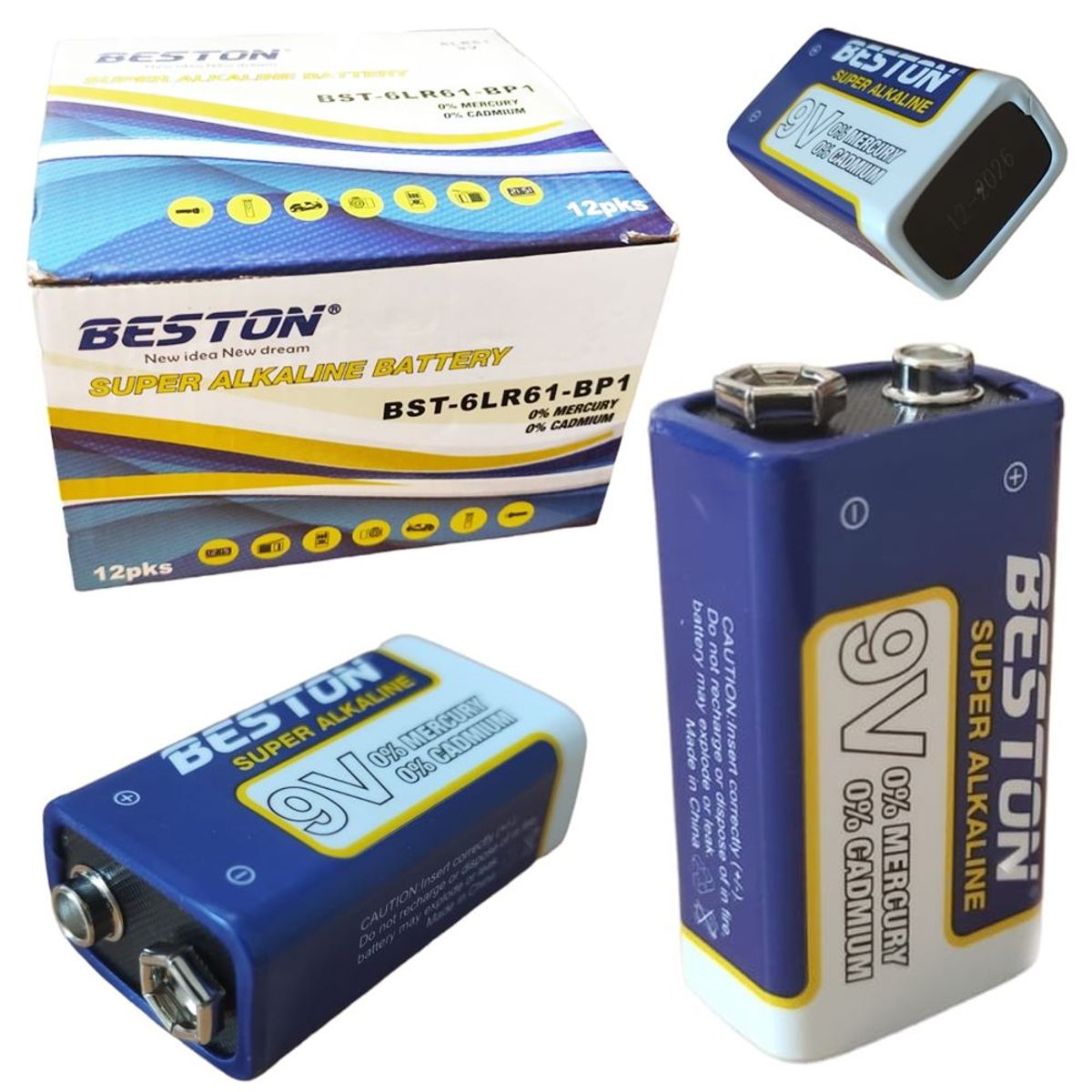 BESTON - 12 Baterías alcalina 9V Beston BST-6LR61-BP1 pila 9v sin mercurio