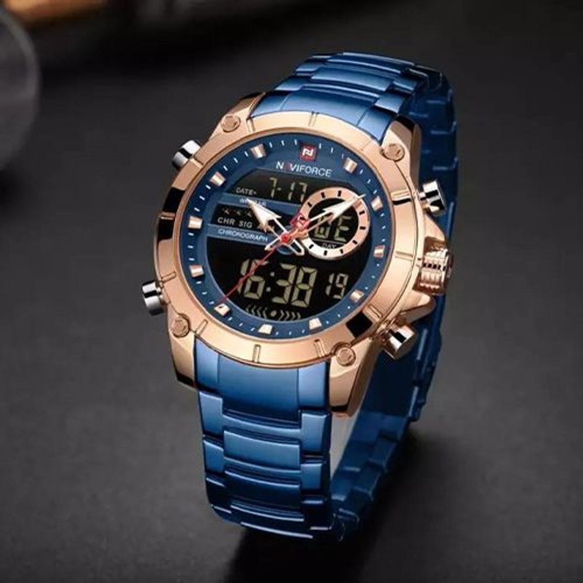 NAVIFORCE - Reloj Naviforce azul con dorado de acero inoxidable_.