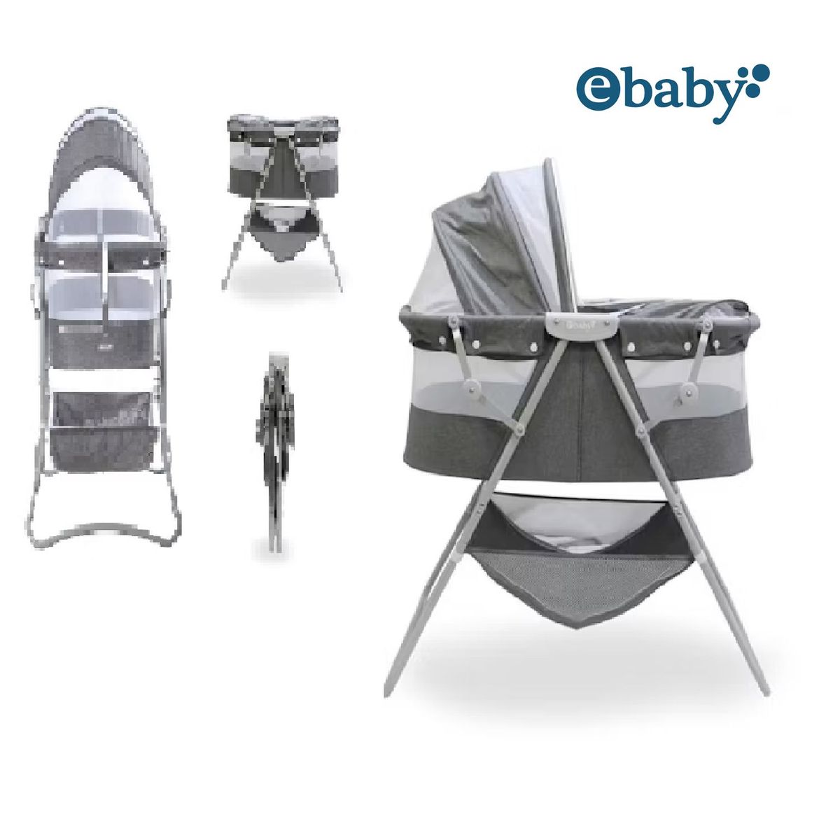 EBABY - Cuna Plegable Portatill Recien Nacido con Tull Dolly- Plomo