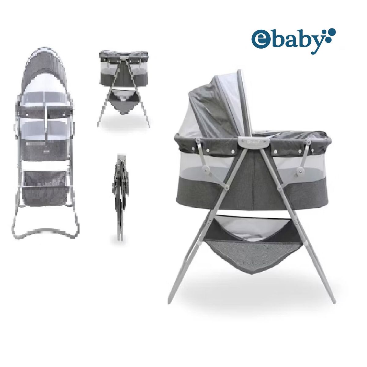 EBABY - Cuna Plegable Portatill Recien Nacido con Tull Dolly- Plomo