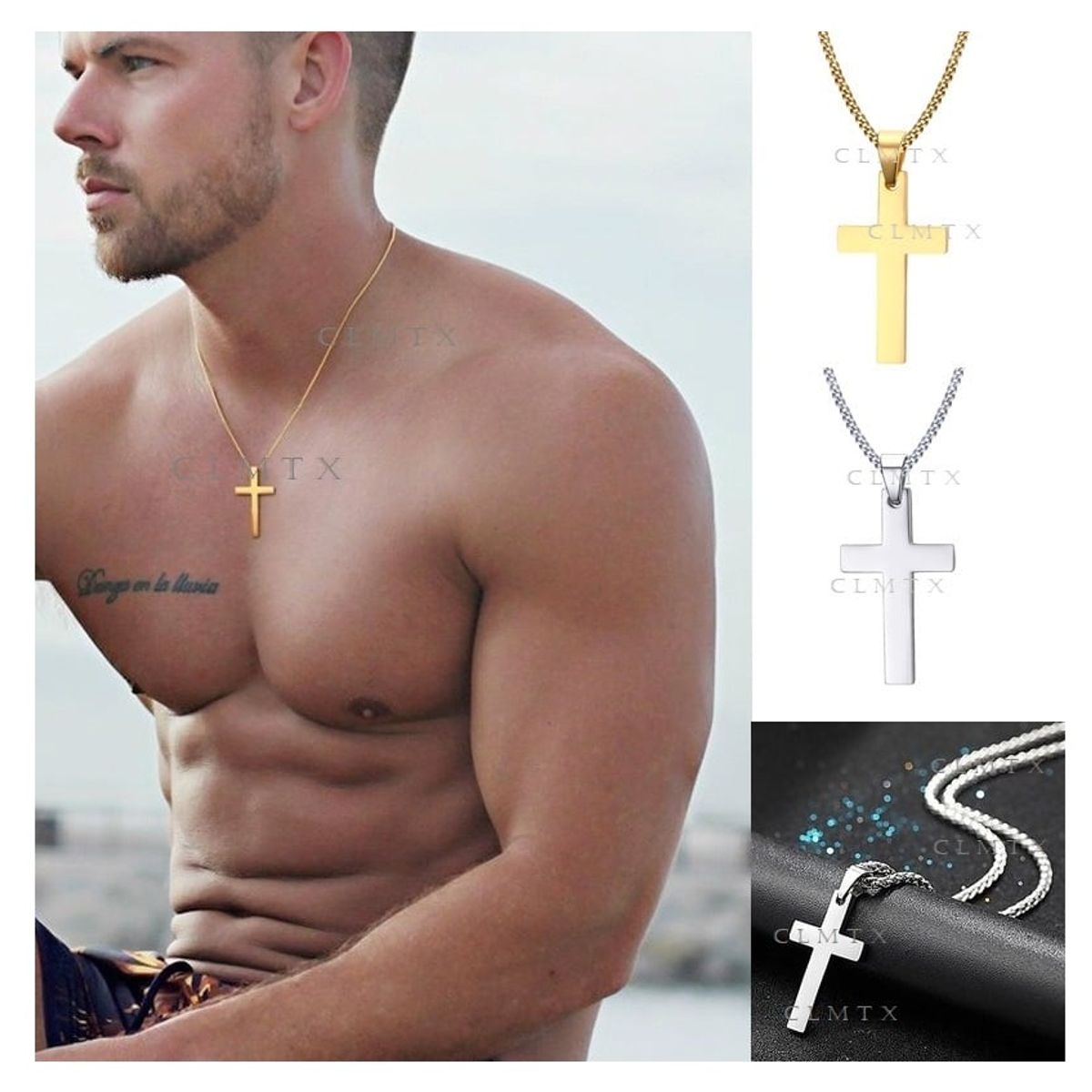 OEM - Collar Cruz Plana Hombre Acero Inoxidable Grande Regala x SAN VALENTIN