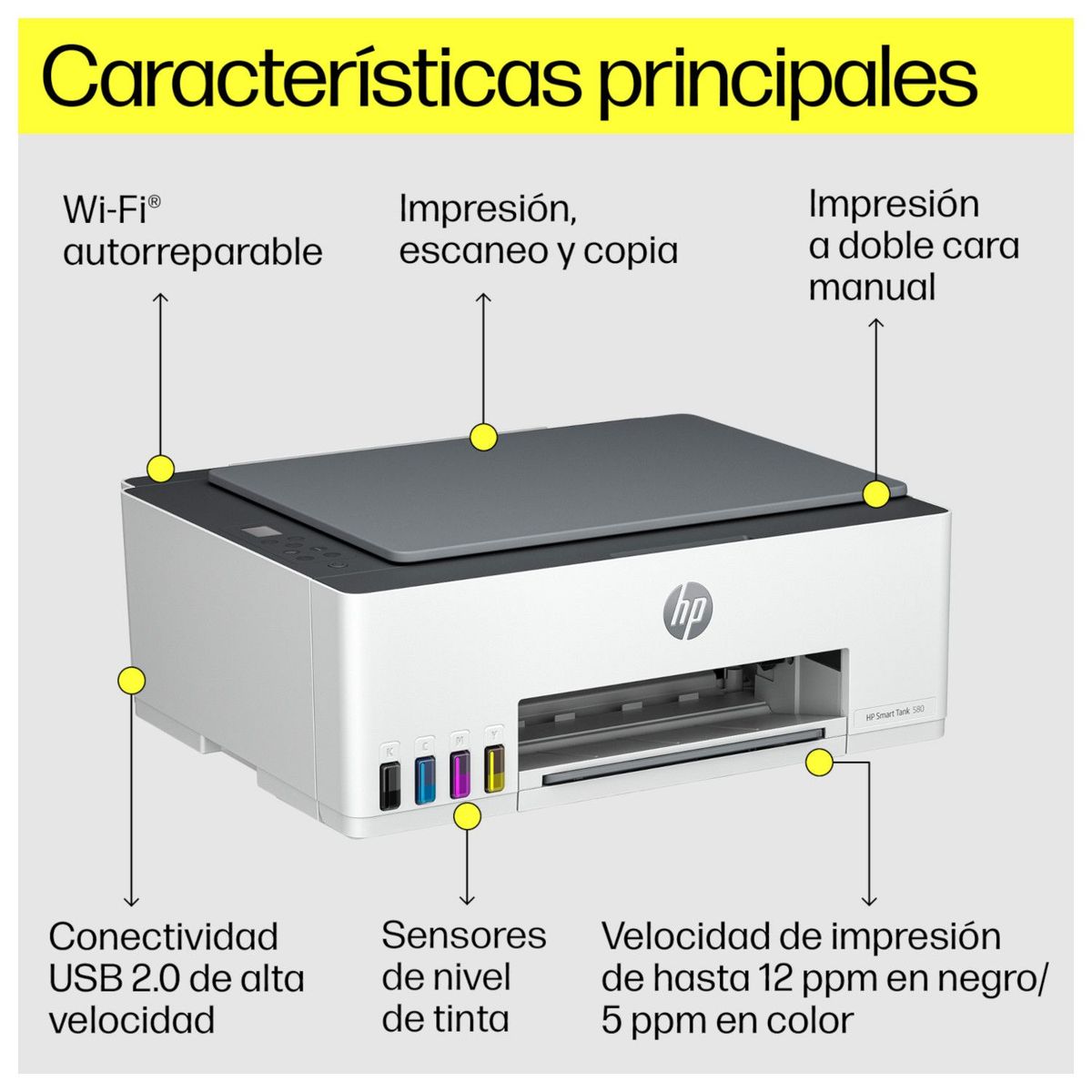 HP - Impresora Multifuncional HP Smart Tank 580 Inalámbrica Tinta continua