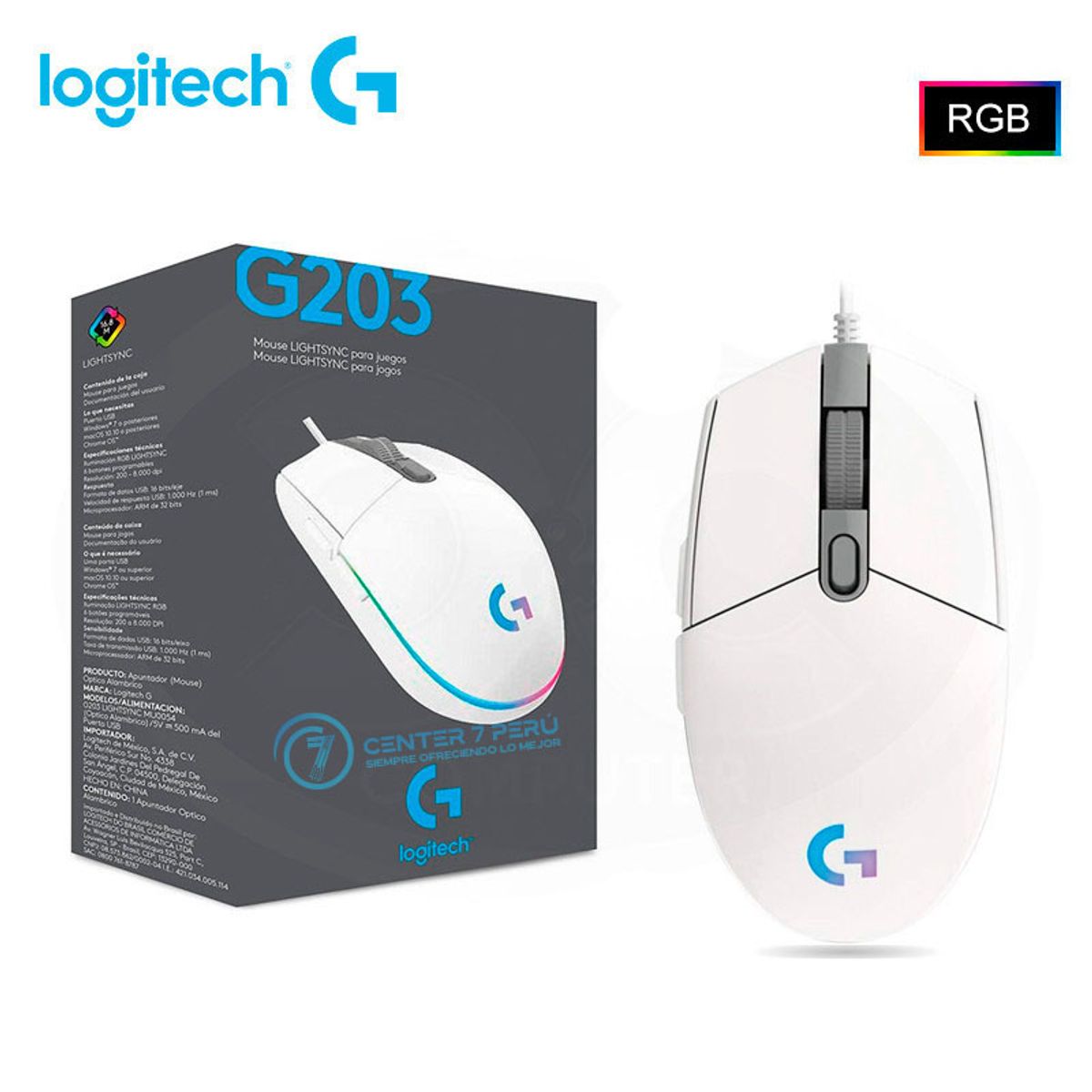 LOGITECH - MOUSE LOGITECH G203 LIGHTSYNC OPTICAL 8000 DPI RGB WHITE