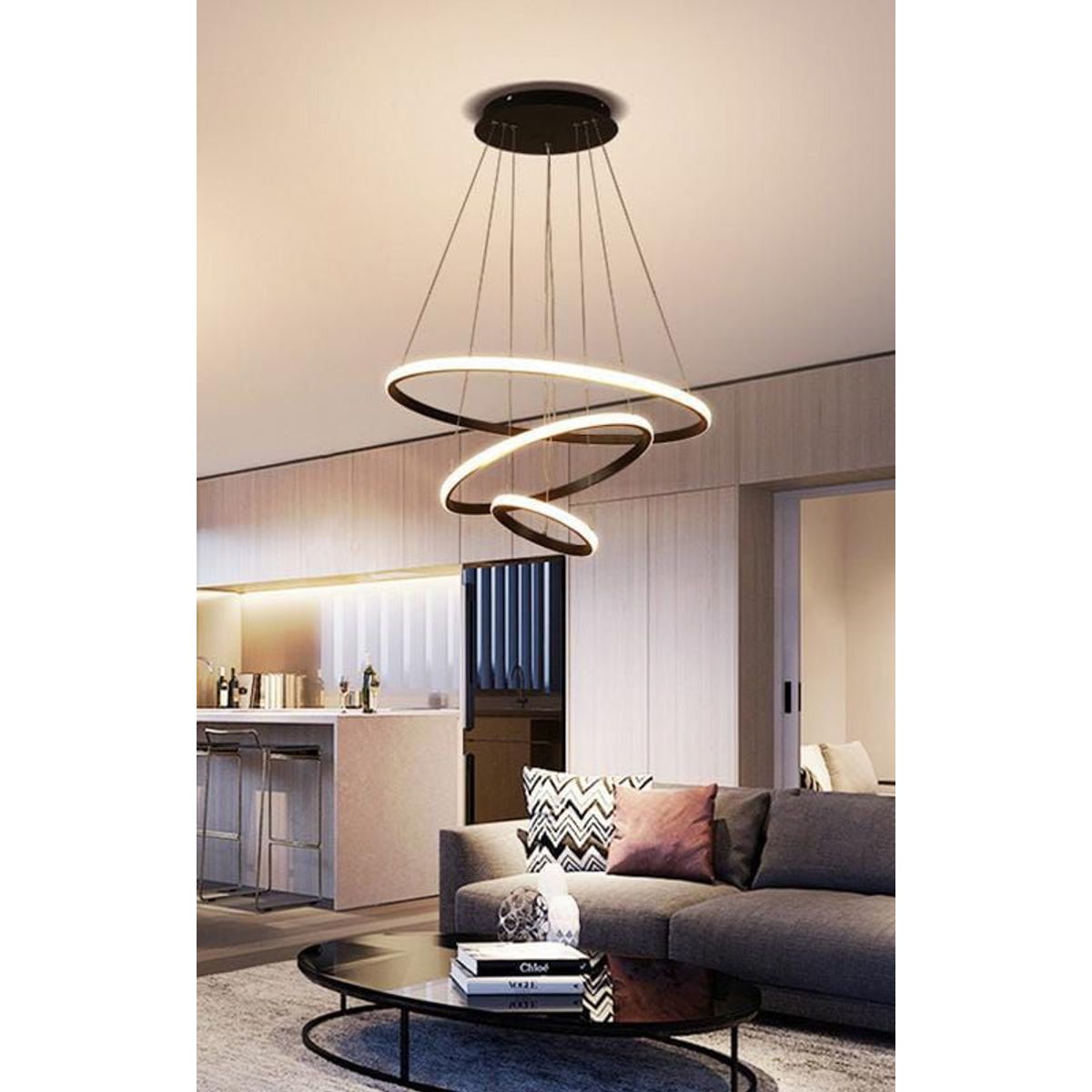 GENERICO - Lampara colgante led de 3 anillos color negro Incluye control remoto