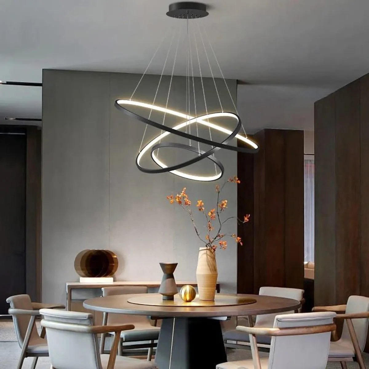 GENERICO - Lampara colgante led de 3 anillos color negro Incluye control remoto