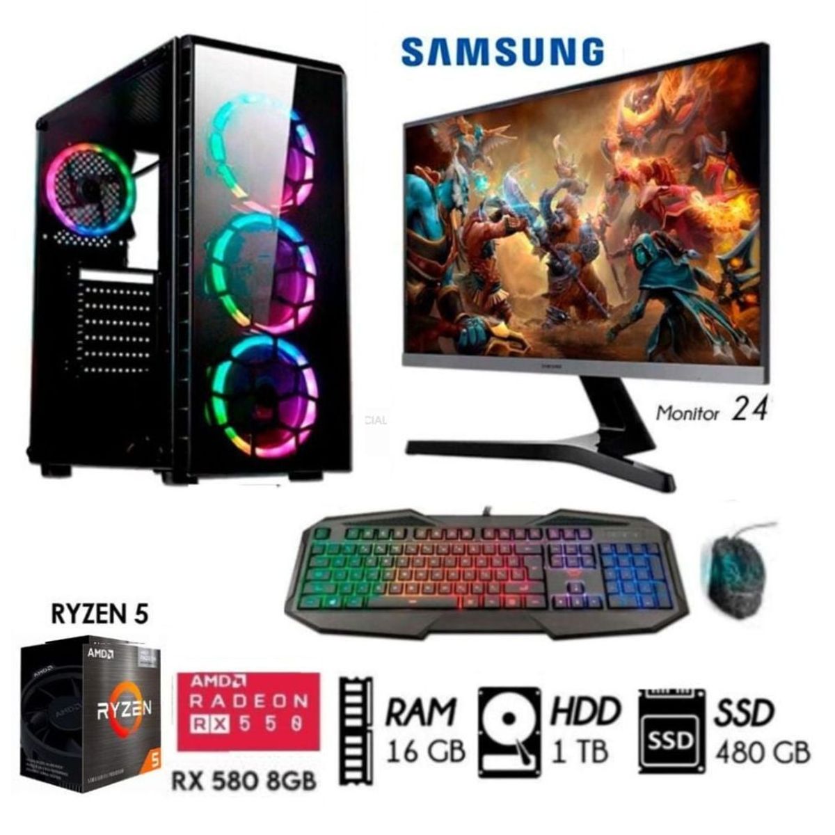 AMD - PC GAMER RYZEN 5-5TH  RAM16GB  HDD 1TB+SSD 480GB, VIDEO RX 580 8GB MONITOR 24 FHD