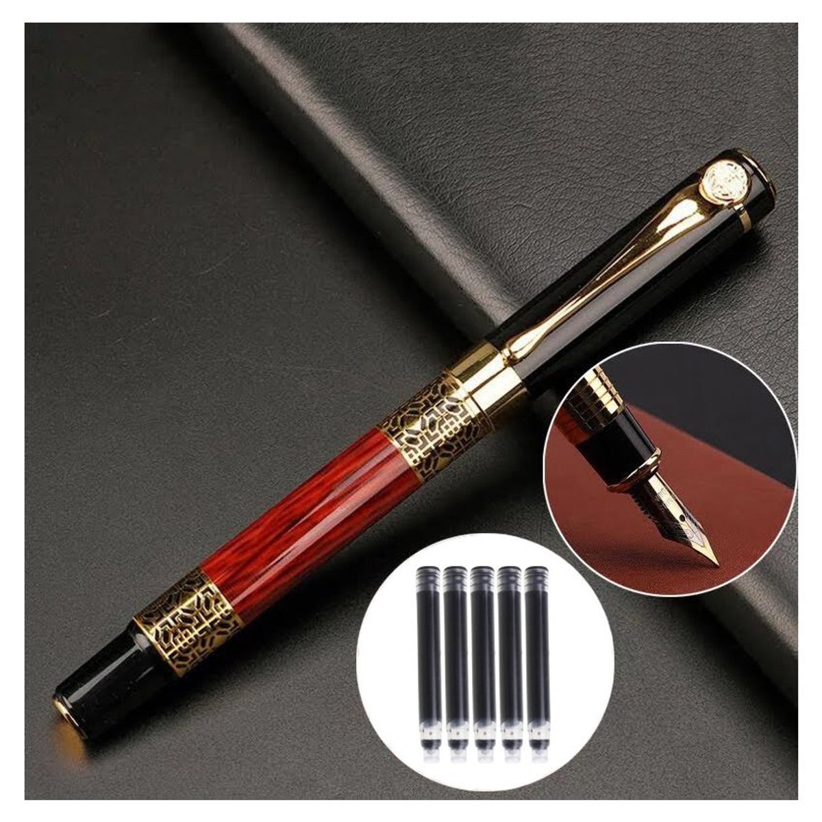 GENERICO - Pluma fuente estilográfica con 05 cartuchos de tinta