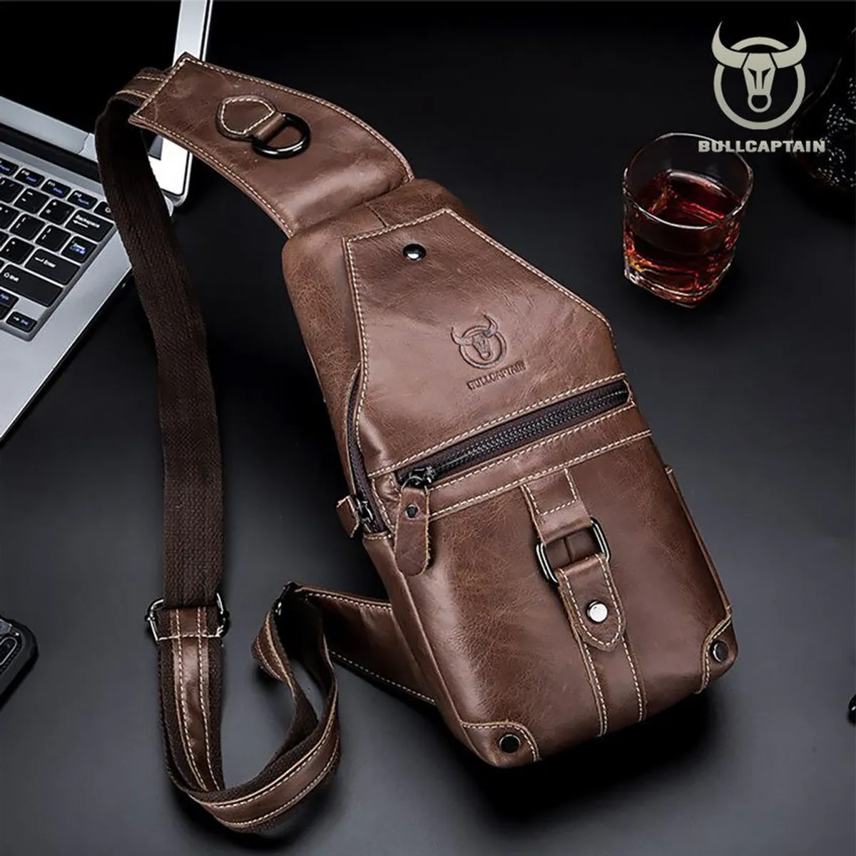 BULLCAPTAIN - Morral crossbody de cuero genuino bullcaptain marrón con botón