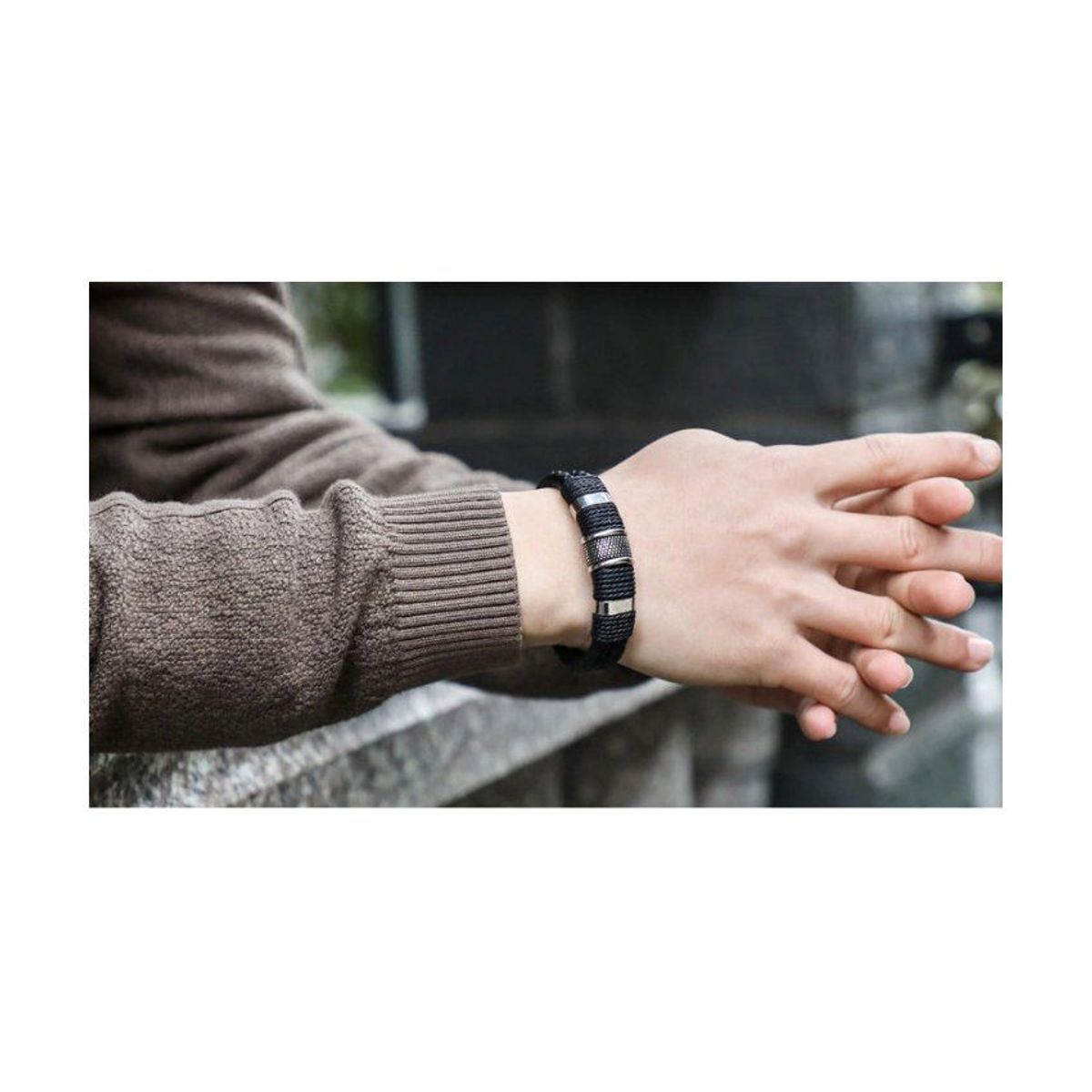 GENERICO - Pulsera brazalete de cuero genuino y acero inoxidable para hombres