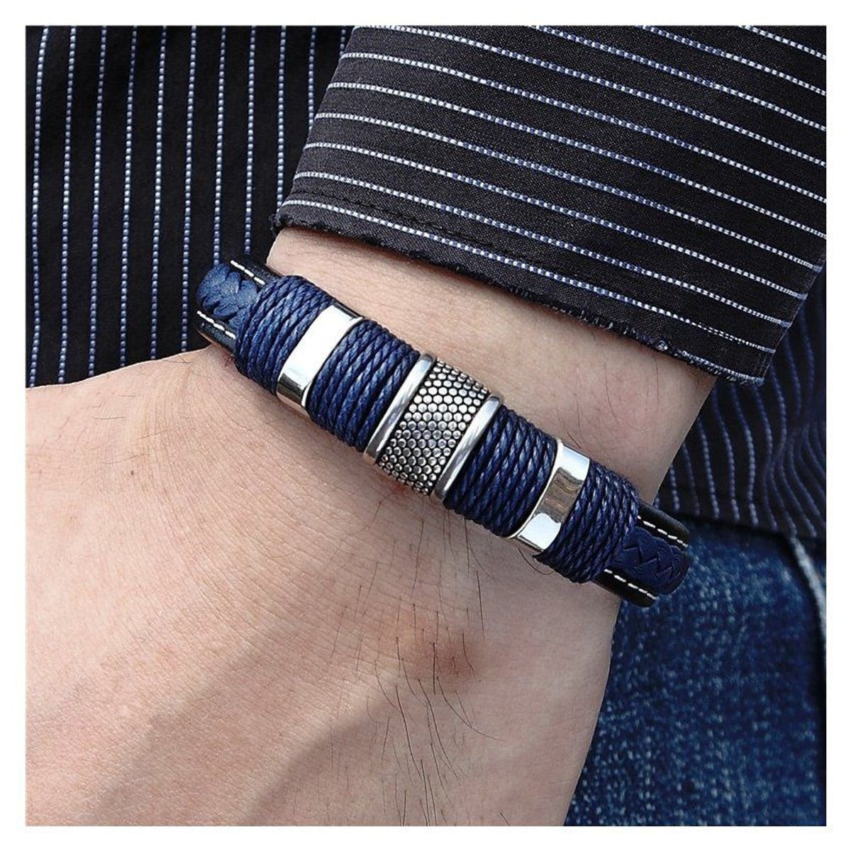 GENERICO - Pulsera brazalete de cuero genuino azul y acero inoxidable hombres