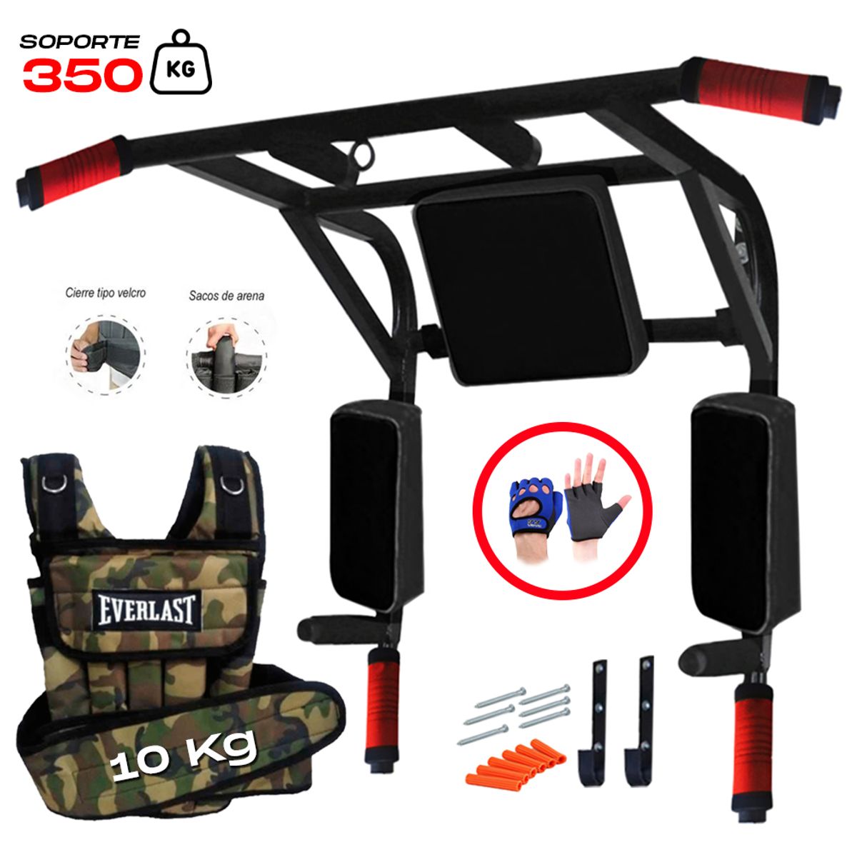HOLGU - Barra Paralelas Dominadas 15 En 1 + Chaleco 10kg +  Guantes