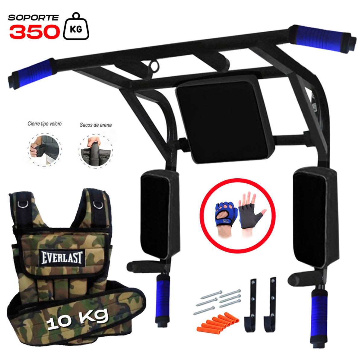 HOLGU - Barra Paralelas Dominadas 15 En 1 + Chaleco 10kg +  Guantes