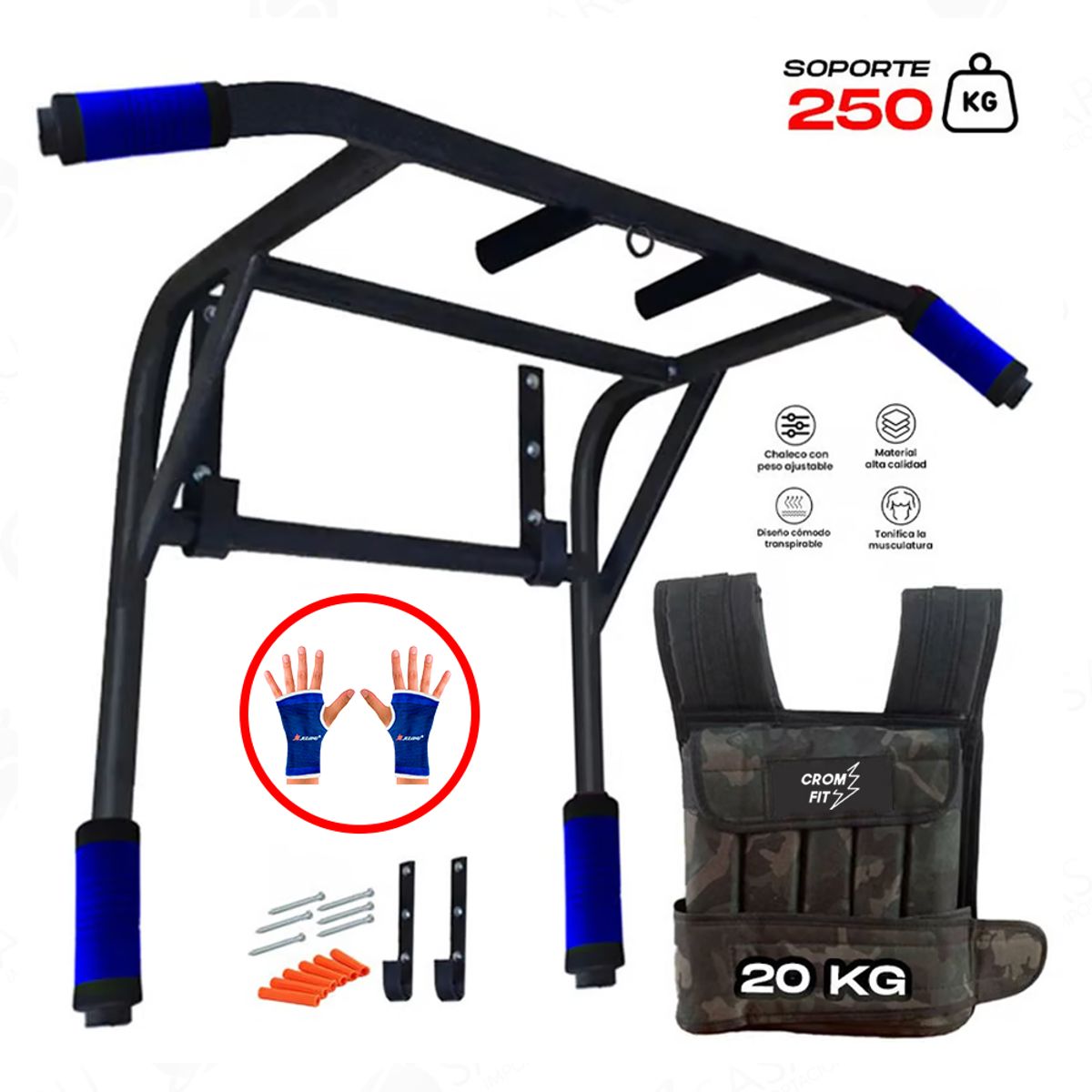 HOLGU - Barra Dominadas 2en1  Chaleco 20kg  Guantes Regalo