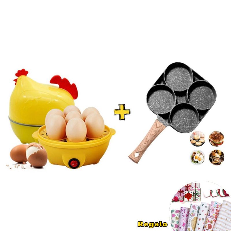 GENERICO - Hervidor de huevos de Gallina y Sartén antiadherente 4 divisiones PACK