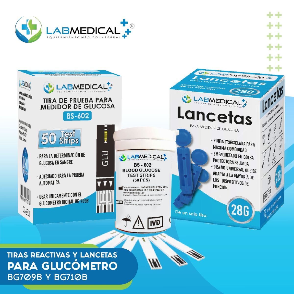 LABMEDICAL - 100 TIRAS  BS602+ 100 LANCETAS  PARA GLUCOMETRO LABMEDICAL BG709B