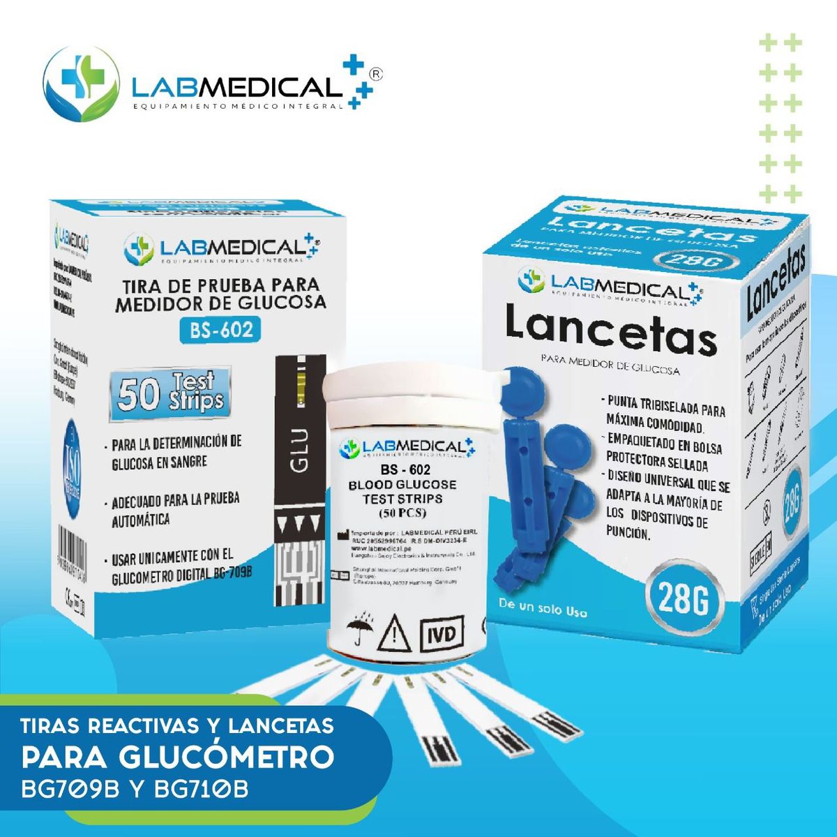 LABMEDICAL - 50 TIRAS  BS602 + 50 LANCETAS  PARA GLUCOMETRO LABMEDICAL BG709B