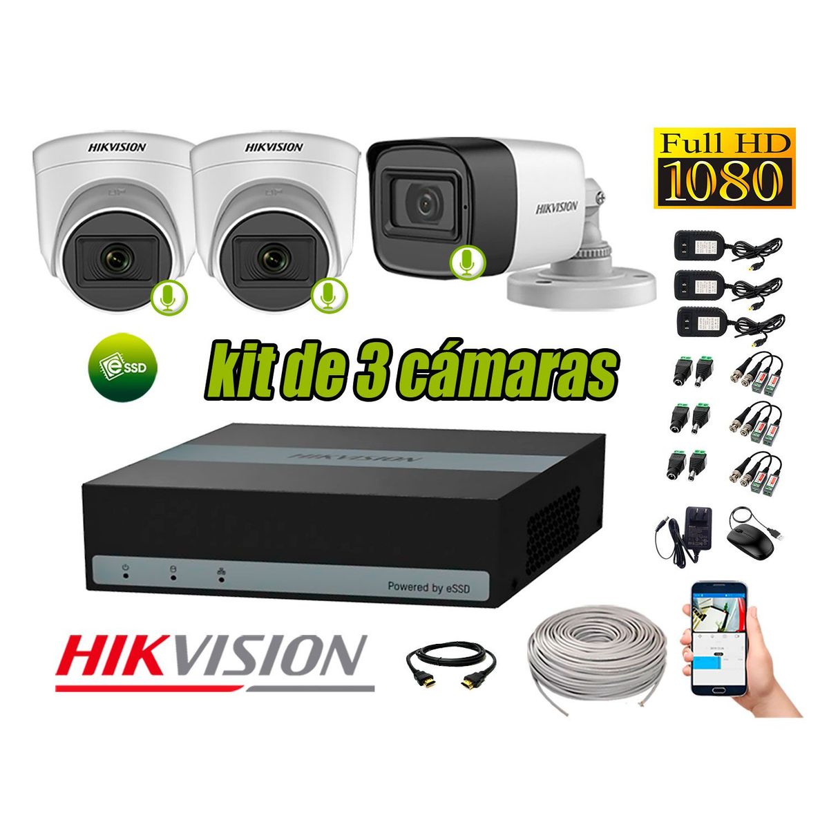 HIKVISION - KIT 3 CAMARAS DE SEGURIDAD CON AUDIO 2MP  E-DVR eSSD 300GB