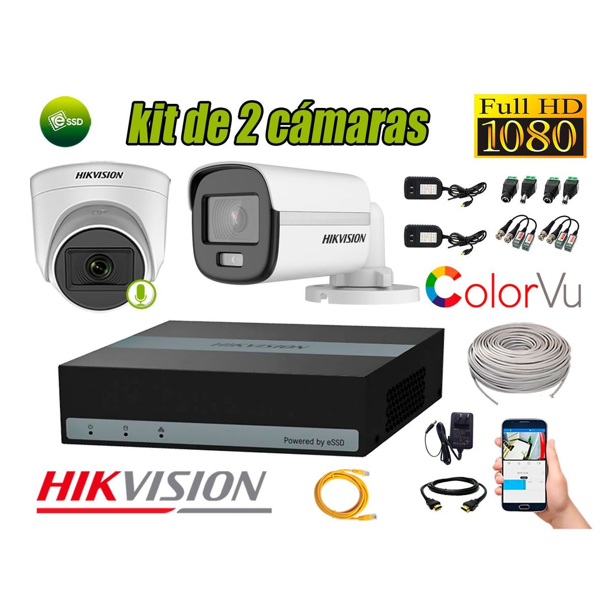 HIKVISION - KIT 2 CAMARAS SEGURIDAD 1 CAMARA COLORVU 2MP E-DVR eSSD 300GB