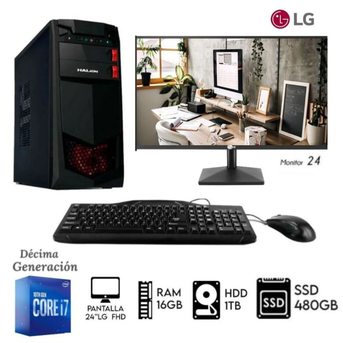 INTEL - COMPUTADORA PC INTEL CORE I7-10TH RAM 16GB DISCO  1TB + SSD 480GB MONITOR 24 LG