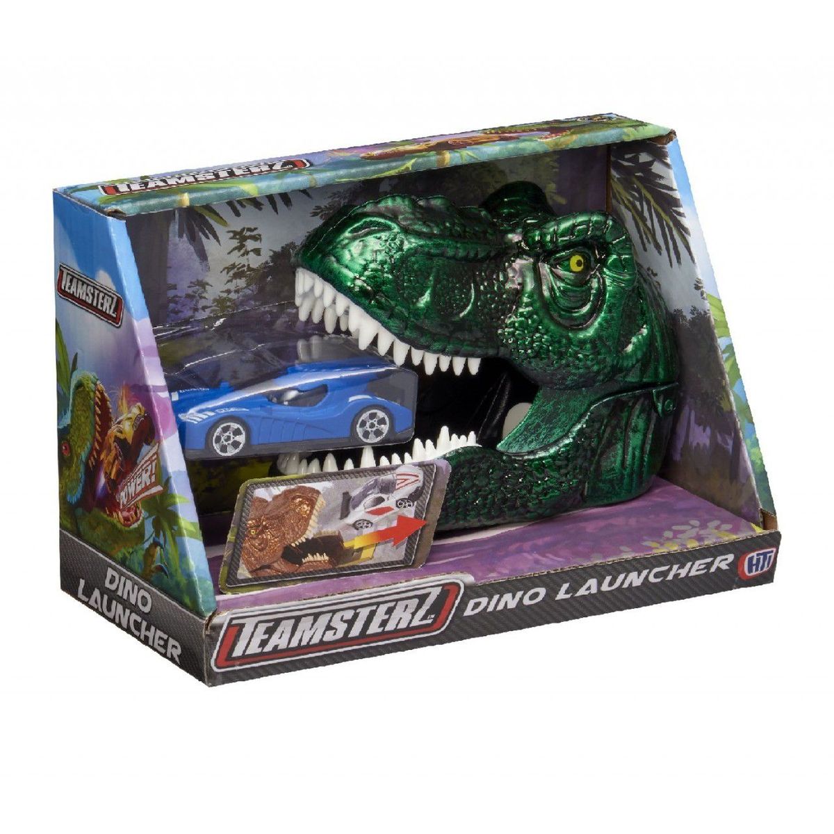 TEAMSTERZ - Juguete Disparador Dinosaurio + 1 Auto Teamsterz Verde