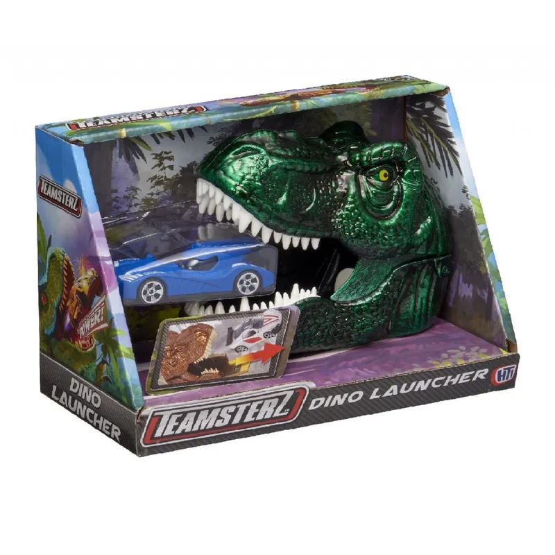 TEAMSTERZ - Juguete Disparador Dinosaurio + 1 Auto Teamsterz Verde