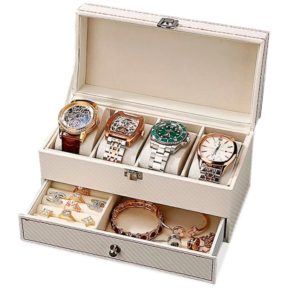 MINARI - Joyero Cofre Organizador de Relojes y Joyas Premium Blanco J234