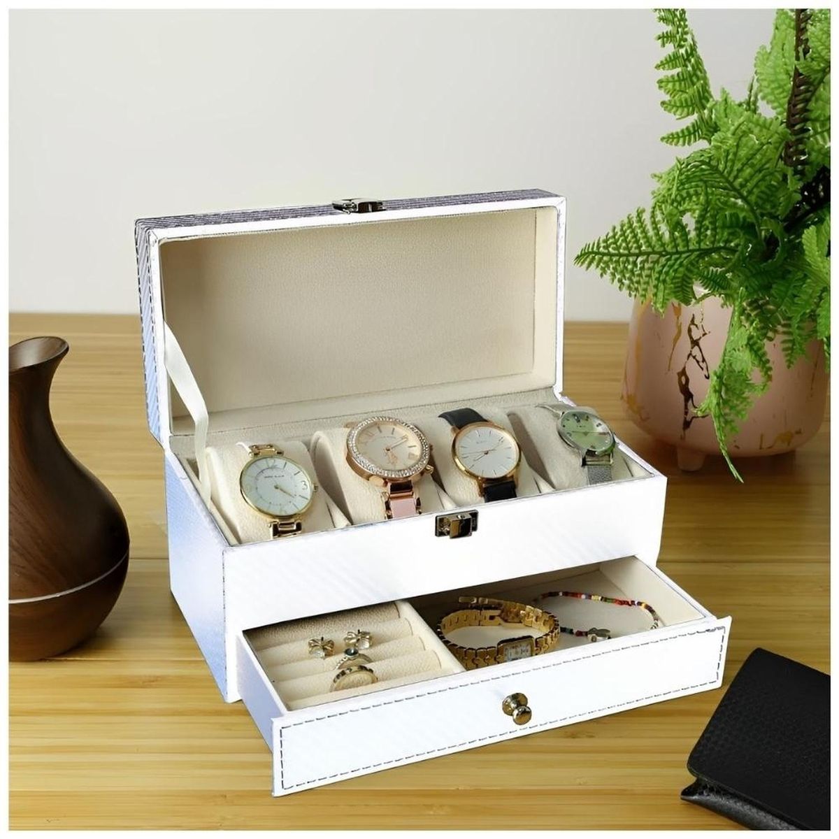 MINARI - Joyero Cofre Organizador de Relojes y Joyas Premium Blanco J234