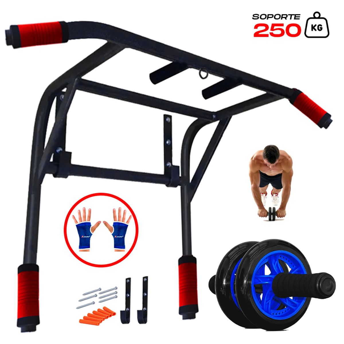 HOLGU - Barra Multifuncional Dominadas 2en1 Rueda AbdominalGuantes